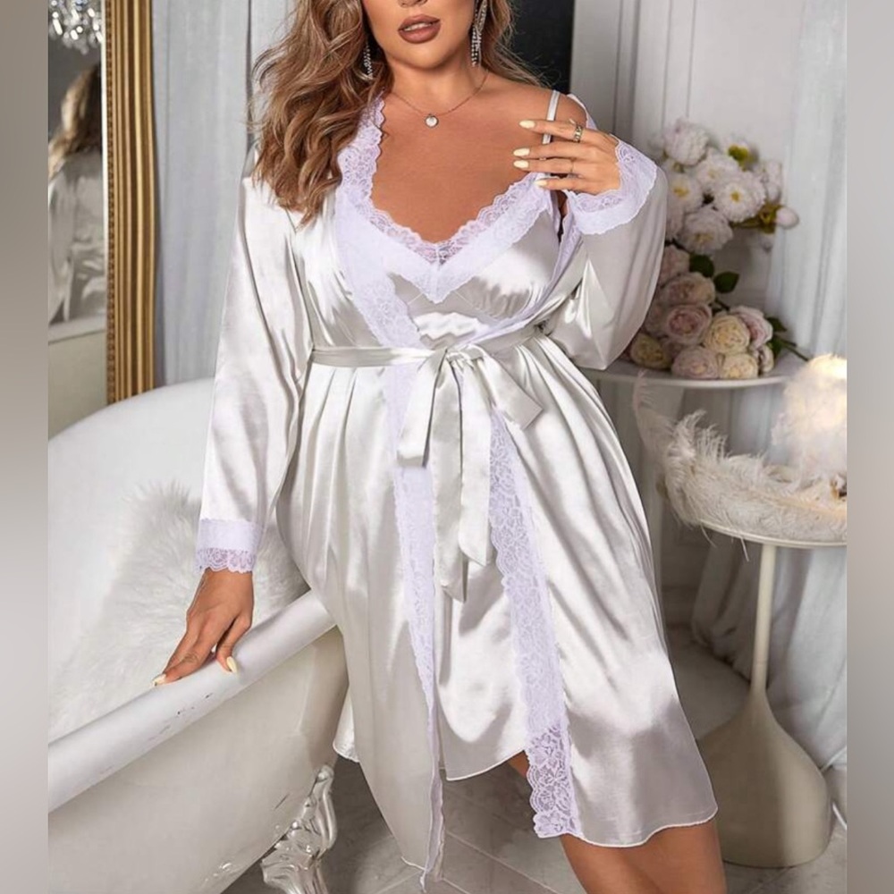 Plus Size Satin & Lace Cami Dress And Robe Set With Waist Belt